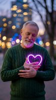 Senior Caucasian man holding glowing neon heart symbol in urban evening setting with bokeh lights expressing love, care and emotional wellness concepts.