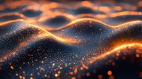 Glowing orange waves with sparkling particles create dynamic abstract background. Flowing light trails and bokeh effects form mesmerizing luminous pattern.