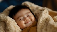 Young Asian baby smiling peacefully while wrapped in soft beige blanket, expressing joy and contentment during naptime. Natural lighting creates warm, cozy atmosphere.