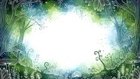 Enchanted forest frame with magical glowing light, lush green foliage and mystical plants creating whimsical border for fairy tale designs and fantasy artwork.