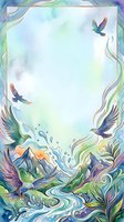 Watercolor fantasy frame with flying birds, mountains, and flowing river in soft blue and green tones, golden border, copy space for text.