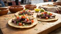 Gourmet tacos with seasoned meat, fresh vegetables and herbs served on corn tortillas at rustic wooden table with traditional bowls and condiments for restaurant or food styling.