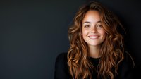 Young woman with radiant smile and flowing brown wavy hair wearing black top against dark background, natural beauty portrait showcasing joyful expression and modern style.