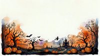 Halloween landscape with spooky trees, flying bats, carved pumpkins and haunted house silhouette against orange sunset sky for seasonal decorations.