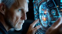 Senior Caucasian man interacting with advanced facial recognition hologram interface, digital biometric scanning technology in dark environment with blue glow.