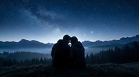 Silhouetted couple kissing under starry night sky with milky way, mountains and forest landscape, romantic outdoor scene for love and relationships.