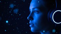 Young African American woman astronaut in space helmet gazing at stars in cosmic blue lighting for sci-fi and space exploration concepts.