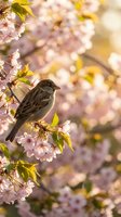 Small sparrow perched on blooming cherry blossom branch with pink flowers in warm spring sunlight creating peaceful nature scene for seasonal content.