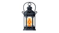 Vintage black metal lantern with ornate handle and glowing flame effect inside, isolated on white background for design projects, home decor graphics, and digital artwork applications.