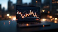 Laptop displaying financial trading chart with orange candlestick graph against blurred city lights background, dramatic market analysis visualization.