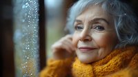 Senior woman with gray hair wearing orange knitted scarf looking thoughtfully through rainy window with water drops, expressing serenity and contentment in warm indoor light.