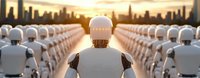 Rows of identical white humanoid robots standing in formation against urban skyline silhouette at sunset, rear view perspective creates dramatic sci-fi atmosphere.