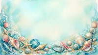 Watercolor seashells and coral border frame with soft aqua background, marine life illustration for coastal decor and ocean-themed designs.