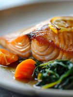 Grilled salmon fillet with caramelized lemon slice, served with sautéed greens and carrots in savory broth on white plate, close-up view of gourmet meal.