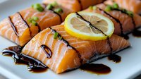 Fresh salmon fillets drizzled with balsamic glaze and garnished with lemon slice on white plate, close up view of gourmet seafood preparation.