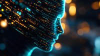 Digital profile of glowing cyan face emerging from particle streams against dark background with bokeh lights, representing artificial intelligence and future technology.