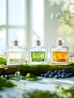 Three glass bottles with clear, green, and golden liquid essences displayed on moss-covered wood with fresh berries and delicate white flowers, suitable for cosmetics, perfume, and wellness product packaging design.