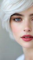 Close-up portrait of young woman with platinum white hair, blue eyes, and coral red lips against soft gray background, showing flawless skin and natural makeup.