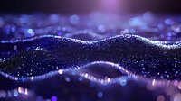 Glowing particles form dynamic waves against dark background with purple and blue bokeh lights creating futuristic digital landscape visualization.