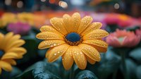 Yellow daisy flower with water drops on petals in soft focus, dark background with bokeh lights creates dreamy garden atmosphere. Natural macro photography.