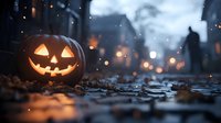 Glowing jack-o'-lantern with carved face on autumn street at dusk, creating spooky Halloween atmosphere with blurred lights and fallen leaves.