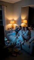 Three young adults of diverse ethnicities relaxing on a couch watching entertainment together in a warmly lit bedroom with amber table lamps, snacks, and blankets for leisure and bonding.
