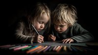 Two young blonde children drawing together with colored pencils on paper in warm dramatic lighting against dark background.