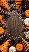 Halloween party decorations with orange and black paper cones, plastic spiders, pumpkins and colorful confetti arranged on rustic wooden background with copy space.