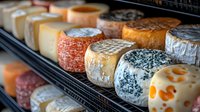 Artisanal cheese wheels with colorful rinds displayed in rows at gourmet shop, showing variety of aged and fresh cheeses with distinctive textures and patterns.