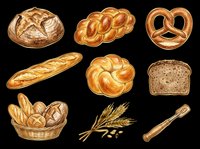 Watercolor bakery set with bread loaves, pretzel, baguette, braided bun, wheat, and basket isolated on transparent background. Great for clipart, stickers, t-shirt design, print on demand.