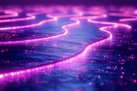 Glowing neon pink waves flow across dark surface creating futuristic abstract pattern with luminous light trails and sparkles in purple and blue tones.