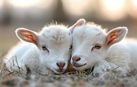 Two adorable baby goat kids with white fluffy fur lying close together in grass, showing sweet innocent expressions and pink ears in soft natural lighting.