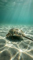 Horseshoe crab walking on sandy ocean floor with sunlight filtering through turquoise water creating rippled light patterns on seabed for marine biology content.