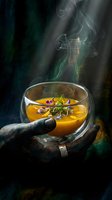 Hands holding a glass bowl of steaming golden soup garnished with edible flowers and herbs, dark moody background, fine dining concept.