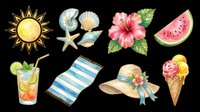 Summer clipart set with sun, seashells, hibiscus, watermelon, cocktail, beach towel, straw hat, and ice cream, isolated on transparent background, ready for stickers, t-shirt design, print on demand.