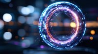 Glowing futuristic portal with blue and pink neon light effects on dark background with bokeh lights, digital technology concept for sci-fi designs.