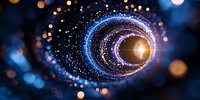 Glowing spiral tunnel with sparkling particles and bokeh lights against dark background creates magical space portal effect in blue and purple hues.