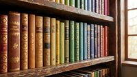 Colorful vintage books arranged on wooden shelves in library or study room with natural window light creating warm academic atmosphere for education.