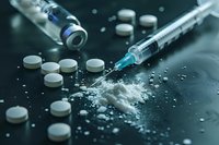 White powder substance with scattered pills and medical syringe on dark surface, dramatic lighting creates moody atmosphere for addiction awareness campaigns.