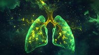 Glowing green human lungs with luminescent bronchial tree structure against dark starry background, depicting respiratory system with ethereal energy flowing through airways.