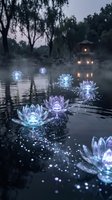 Glowing lotus flowers floating on tranquil water at twilight with magical sparkles and warm lantern lights creating enchanting atmosphere for meditation designs.