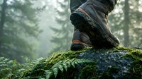 Hiker boot on moss-covered log in misty forest during outdoor adventure trek through wilderness nature trail.