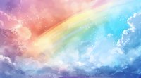 Magical rainbow sky with fluffy clouds and sparkling stars in pastel colors of pink, yellow, and blue creates dreamy atmospheric background for fantasy designs.
