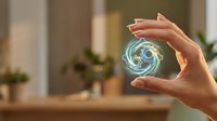 Hands holding glowing yin yang symbol with blue and orange light energy, representing balance, harmony, spirituality and wellness concepts for meditation and alternative healing practices.
