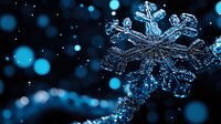 Macro photography of natural snowflake crystal with intricate patterns and branches against dark background with blue bokeh lights creating magical winter atmosphere.