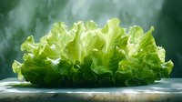 Fresh green lettuce leaf on dark background with dramatic lighting and misty atmosphere, healthy organic vegetable macro photography for food industry.