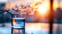 Cherry blossoms in clear glass with water against warm sunset backdrop, ideal for spring themes, wellness, and lifestyle design projects.