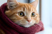 Ginger cat wrapped in burgundy knitted scarf looking at camera with bright yellow eyes. Close-up portrait showing soft fur and curious expression.