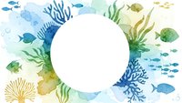 Watercolor underwater ocean scene with coral reef, seaweed, tropical fish and marine life surrounding white circle frame for text or design elements.