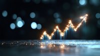 Glowing upward trend graph with sparkles and light effects on dark blue bokeh background, representing financial growth and business success.